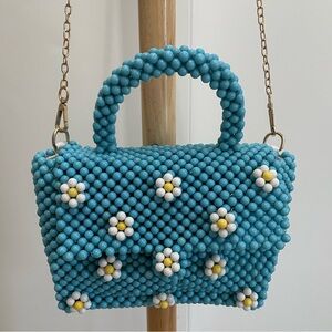 NWOT Bouffants & Broken Hearts Turquoise Beaded Purse with Gold Tone Chain Strap